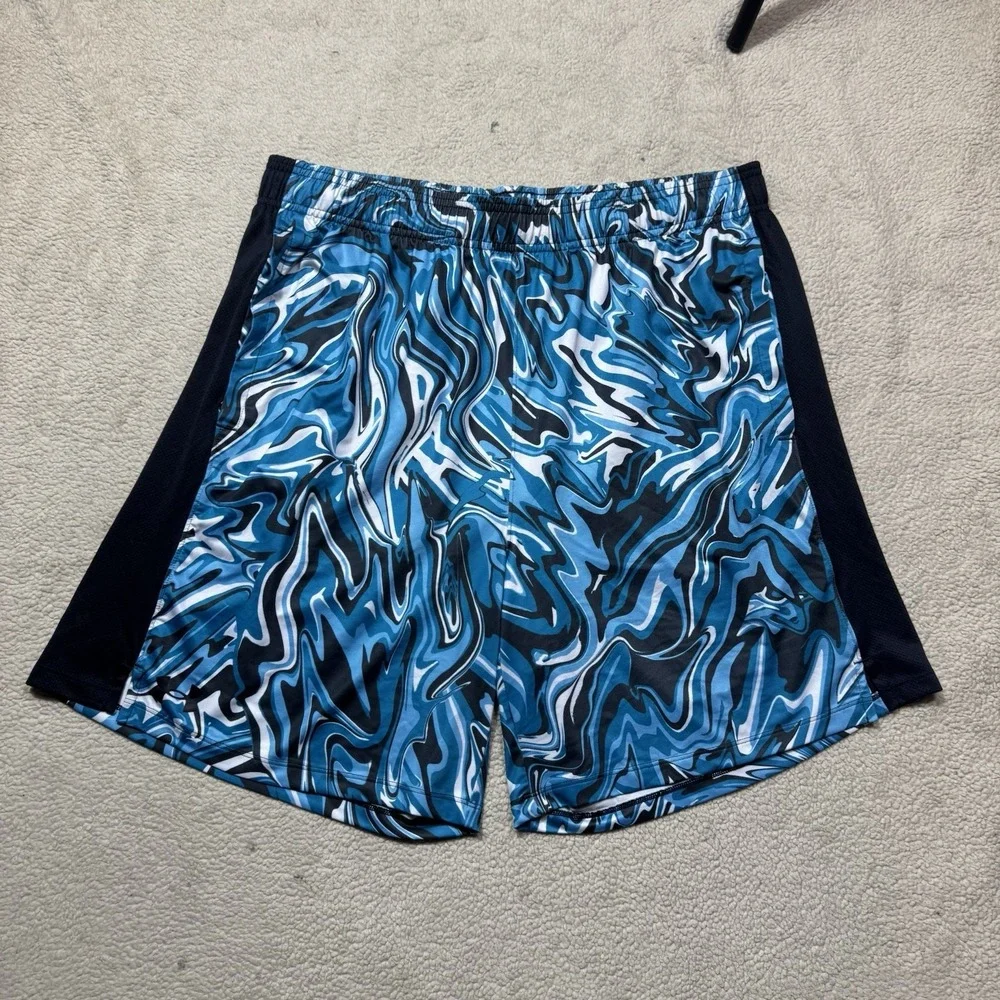 Under Armour Shorts Mens XL Basketball Stretch Blue White Oil Spill Print Mesh